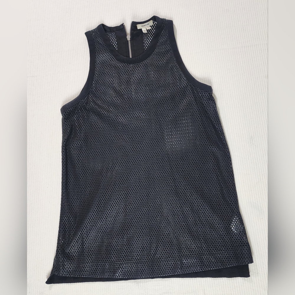 Helmut Lang Tank Top Women Size Medium Black Mesh Goat Leather Back Zip EUC